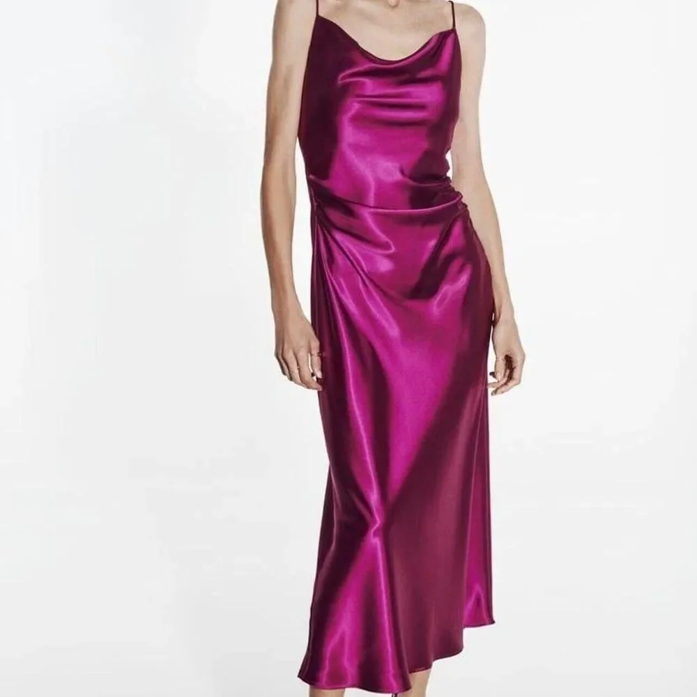 Zara Womens Midi Dress Size L Fuchsia Pink Satin Ruched Cocktail 8490/899 NWT